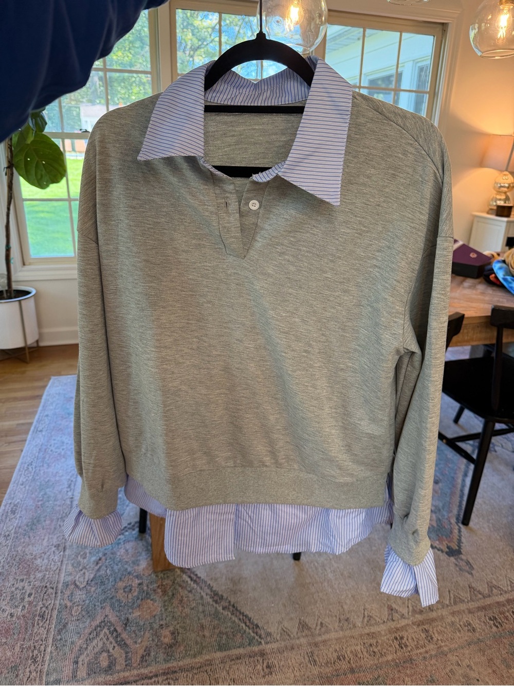 Commense Grey sweatshirt with faux layered Blue Stripe Shirt